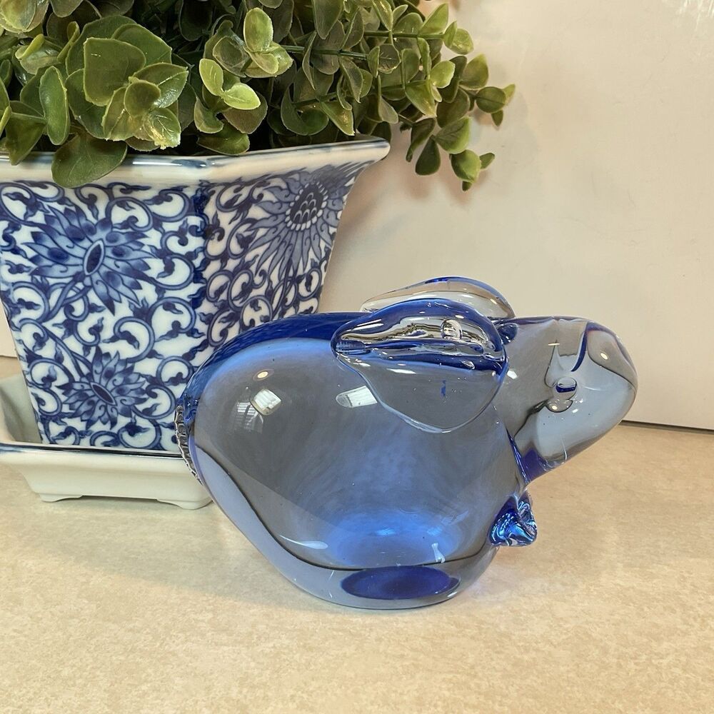 Pier 1 Blue Art Glass Bunny Rabbit Figurine Paperweight 6" Long Easter Spring